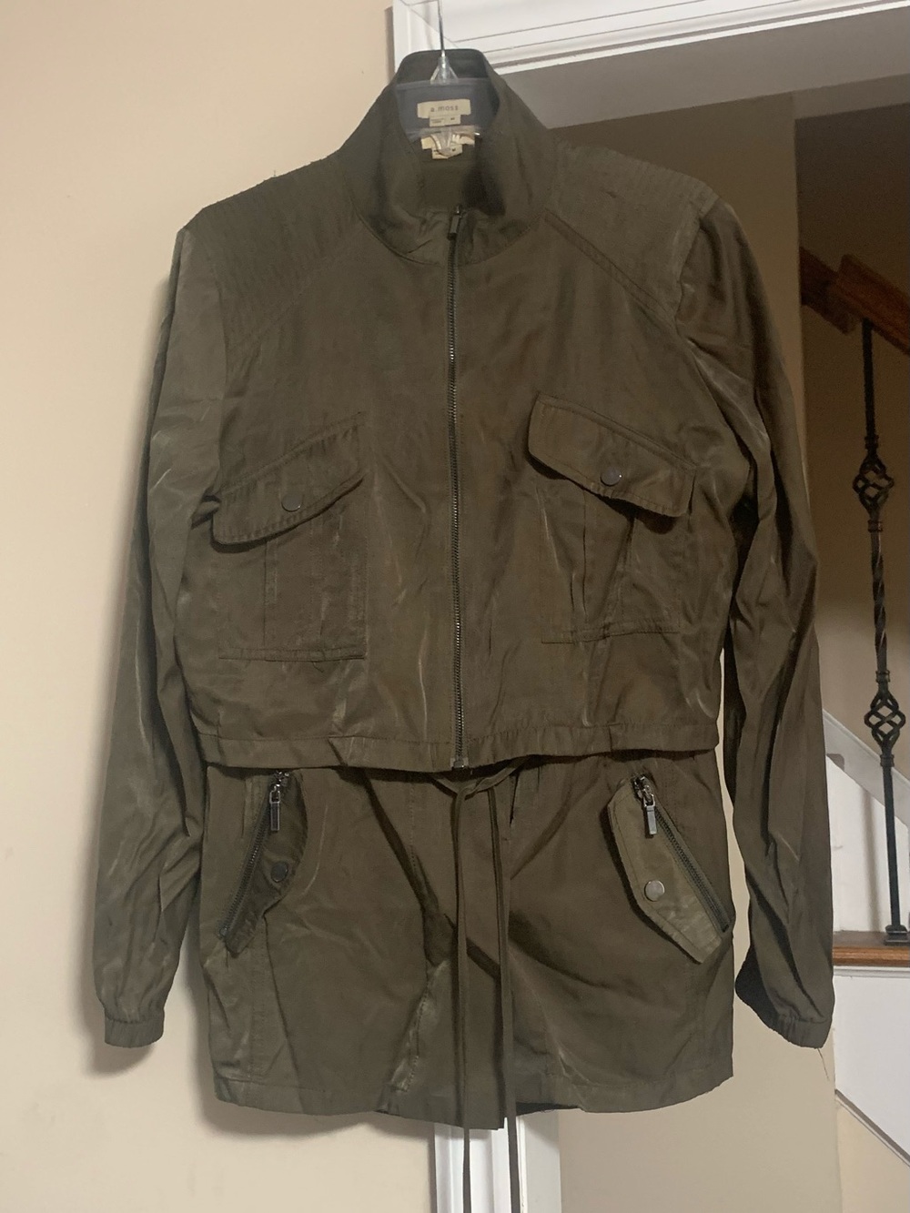 A.Moss Olive 2 Piece Sleeveless Utility Long Jacket & Crop LS Jacket Set Medium